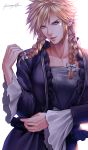  1boy blonde_hair bow braid cloud_strife crossdressing dress final_fantasy final_fantasy_vii frills highres hiromyan looking_at_viewer playing_with_own_hair signature simple_background solo spiked_hair twin_braids white_background 