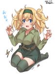  1girl blonde_hair blue_eyes breasts commentary_request dated full_body gambier_bay_(kantai_collection) green_hairband green_legwear green_shirt green_shorts hairband highres kantai_collection large_breasts long_hair long_sleeves looking_at_viewer meguru_(megurunn) shirt shorts simple_background sitting solo thighhighs trembling twintails twitter_username wariza white_background 