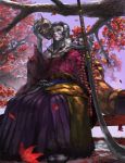  1girl chuno_(akiaji81) closed_mouth corrupted_monk hakama highres holding holding_sword holding_weapon japanese_clothes leaf long_sleeves looking_at_viewer maple_leaf mask oni_mask pale_skin planted_sword planted_weapon purple_hakama red_eyes sekiro:_shadows_die_twice sitting solo sword tabi tree uchigatana weapon wide_sleeves 