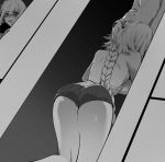  1boy 2girls absurdres ahoge bare_back braid chaldea_uniform coat contemporary denim denim_shorts dutch_angle fate/apocrypha fate/grand_order fate_(series) fellatio from_below fur-trimmed_coat fur_trim greyscale hand_on_another&#039;s_head hetero highres hxd jeanne_d&#039;arc_(alter)_(fate) jeanne_d&#039;arc_(fate) jeanne_d&#039;arc_(fate)_(all) kneeling long_braid long_hair looking_at_another monochrome multiple_girls open_mouth oral out_of_frame shaded_face shorts single_braid thighs very_long_hair wavy_mouth wicked_dragon_witch_ver._shinjuku_1999 