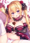  1girl arm_warmers babydoll bare_shoulders blonde_hair breasts cameltoe candy chocolate chocolate_heart cleavage crotch_seam detached_collar flower food hair_flower hair_ornament heart large_breasts long_hair looking_at_viewer mitsuba_choco navel open_mouth original panties purple_eyes rose smile solo stomach thighhighs tiara twintails underwear underwear_only white_legwear white_panties 