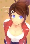  1girl asahina_aoi blue_eyes breasts brown_hair cleavage closed_mouth commentary_request danganronpa danganronpa_1 dark_skin furei_milk hair_ornament hairclip jacket looking_at_viewer ponytail short_hair simple_background solo 