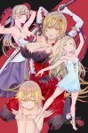  adjusting_hair blonde_hair blood bomhat breasts character_name cleavage dress elbow_gloves eyes_visible_through_hair fangs flat_chest gloves hair_ribbon highres kiss-shot_acerola-orion_heart-under-blade long_hair looking_at_viewer monogatari_(series) multiple_persona oshino_shinobu pointy_ears red_gloves ribbon smile strap_slip sword vampire weapon white_gloves yellow_eyes 