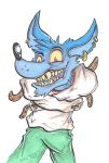  2020 activision alpha_channel anthro blue_body blue_fur bottomwear clothed clothing crash_bandicoot_(series) fangs front_view fur grin hair hi_res kangaroo krolik legwear looking_at_viewer macropod male mammal marsupial pants piercing portrait pose red_eyes restrained ripper_roo sharp_teeth signature smile solo solo_focus straitjacket teeth traditional_media_(artwork) video_games yellow_sclera 