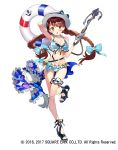  1girl anchor arm_garter bikini black_footwear blue_bikini blue_bow blush bow braid brown_hair full_body grimms_notes hair_bow hat hat_bow high_heels holding lifebuoy long_hair looking_at_viewer matsui_hiroaki official_art parted_lips sandals simple_background solo standing standing_on_one_leg striped striped_bikini swimsuit toenails twin_braids watermark white_background 