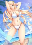  1girl armpits arms_behind_head beach bikini blonde_hair blue_eyes breasts cleavage closed_mouth collarbone cowboy_shot earrings elf hair_ornament highres jewelry large_breasts legs_apart long_hair looking_at_viewer maplestory mercedes_(maplestory) navel one_eye_closed pointy_ears queasy_s shiny shiny_skin smile solo standing stretch summer swimsuit twitter_username water white_bikini 