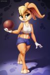  2020 3_toes 4_fingers anthro ball barefoot basketball_(ball) clothed clothing digital_media_(artwork) eyebrows eyelashes feet female fingers hi_res lagomorph leporid lola_bunny looney_tunes mammal midriff navel rabbit solo standing toes warner_brothers zazush-una 