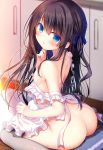  1girl apron ass bangs black_hair blue_bow blue_eyes blurry blurry_background blush bow breasts commentary_request depth_of_field eyebrows_visible_through_hair feet_out_of_frame frilled_apron frills grey_legwear hair_between_eyes hair_bow indoors long_hair looking_at_viewer looking_back naked_apron nipples no_shoes on_floor one_side_up original parted_lips sasai_saji signature sitting small_breasts soles solo thighhighs very_long_hair wariza white_apron 