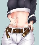  1girl belt belt_buckle blue_background blue_shirt bodysuit_under_clothes breasts brown_belt buckle commentary_request cowboy_shot crop_top fate/grand_order fate_(series) fujimaru_ritsuka_(female) hand_on_hip hand_on_own_stomach kuzya large_breasts long_sleeves midriff navel navel_focus shirt shorts solo standing true_ether_chaldea_uniform white_shorts 