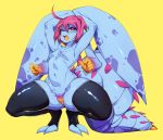  1girl ahoge armpits blue_skin cteno fang flat_chest glasses head_arms highres looking_at_viewer monster_girl navel nude open_mouth original pink_hair pussy red_eyes short_hair simple_background slugbox solo spiked_tail squatting tail thighhighs yellow_background 