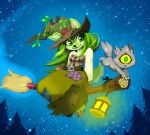  1girl achyfi breasts broom cat commentary dress english_commentary eyelashes flying full_body furry green_eyes green_hair happy hat ixi_(neopets) meowclops neopets night night_sky no_humans outdoors petpet pine_tree single_eye sky small_breasts smile sophie_the_swamp_witch star_(sky) starry_sky tree witch witch_hat 