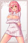  1girl :d artist_name blush border breasts breasts_outside brown_border brown_eyes cleavage cowboy_shot hair_between_eyes highres large_breasts legs_apart looking_at_viewer meme_attire nipples open-chest_sweater open_mouth original pink_hair ranken ribbed_sweater shiny shiny_skin short_hair simple_background smile solo standing sweat sweater turtleneck turtleneck_sweater white_background white_sweater 
