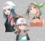  3girls :d baseball_cap beanie black_hair blue_eyes breasts brown_eyes collared_shirt dated grey_background haruka_(pokemon) hat highres hikari_(pokemon) long_hair multiple_girls open_mouth pink_scarf pokemon pokemon_(game) pokemon_bw pokemon_dppt pokemon_emerald pokemon_rse ponytail rifu_(hunihuni1130) scarf shirt small_breasts smile star starry_background tied_hair touko_(pokemon) upper_body white_headwear 