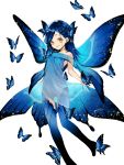  1girl araragi bad_feet bare_shoulders blue_butterfly blue_dress blue_hair blue_legwear blue_theme blue_wings braid braided_bangs butterfly_dress butterfly_on_head butterfly_wings closed_mouth dress feet_out_of_frame flying hair_ornament hair_over_one_eye hair_strand hair_wings highres honzuki_no_gekokujou jewelry long_hair looking_at_viewer maine_(honzuki_no_gekokujou) multiple_braids necklace off-shoulder_dress off_shoulder print_legwear see-through_silhouette simple_background skirt_hold smile solo white_background wings 
