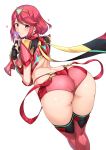  1girl arched_back ass back bangs bent_over black_gloves blush breasts closed_mouth condom_wrapper earrings fingerless_gloves gloves harukon_(halcon) heart highres homura_(xenoblade_2) jewelry large_breasts looking_at_viewer looking_back panties pauldrons red_eyes red_hair red_legwear red_panties short_hair shoulder_armor sidelocks simple_background smile solo swept_bangs thighs tiara underwear white_background xenoblade_(series) xenoblade_2 