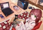 1girl amplifier bang_dream! bangs bare_shoulders bass_guitar beige_sweater breasts brown_hair bunny_earrings cable cellphone cellphone_strap chinese_commentary collarbone commentary_request computer cowboy_shot curtains cushion eyebrows_behind_hair from_above green_eyes half_updo headphones highres holding holding_instrument imai_lisa instrument jewelry kotatsu laptop large_breasts long_hair long_sleeves looking_at_viewer necklace off-shoulder_sweater off_shoulder pedal_(instrument) phone rug shadow sheet_music sidelocks smartphone smile solo striped striped_legwear sweater table thinkpad tianyu_jifeng tile_floor tiles under_kotatsu under_table window window_shade windows_7 