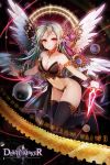  1girl armor bangs bikini_armor black_legwear breasts cleavage collarbone copyright_name dagger devil_maker fantasy feathered_wings floating_hair hair_between_eyes holding holding_dagger holding_weapon interitio long_hair looking_at_viewer medium_breasts midriff multiple_wings navel outstretched_arms red_eyes silver_hair solo stomach thighhighs very_long_hair weapon white_wings wings wrist_cuffs 