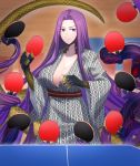  1girl bangs bare_shoulders bath_yukata breasts claws cleavage closed_mouth collarbone fangs fate/grand_order fate_(series) forehead gorgon_(fate) hair_intakes japanese_clothes kimono large_breasts long_hair long_sleeves looking_at_viewer minami_koyogi monster_girl paddle parted_bangs purple_eyes purple_hair rider sash scales snake snake_hair snake_tail solo table_tennis table_tennis_paddle tail very_long_hair wide_sleeves yukata 