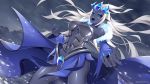  1girl :o armor black_sclera black_skin blue_cape blue_eyes blue_nails blue_sclera blue_skirt blue_sleeves blue_tongue cape cowboy_shot detached_sleeves erda_(maplestory_2) fingernails grey_background grey_skin grey_theme highres long_fingernails long_hair looking_away maplestory maplestory_2 multicolored_sclera navel open_mouth pointy_ears queasy_s skirt snow solo twitter_username white_hair 