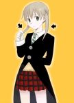  1girl brown_hair closed_mouth gloves green_eyes looking_at_viewer maka_albarn medium_hair necktie plaid plaid_skirt scythe simple_background skirt smile solo soul_eater twintails 