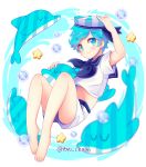  1boy :3 barefoot blue_eyes blue_hair blush bubble cookie_run dolphin eyebrows_visible_through_hair feet full_body hat looking_at_viewer midriff peppermint_cookie sailor sailor_collar sailor_hat shorts solo star twitter_username yoyochaan 