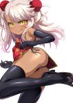  1girl ass bangs bare_shoulders black_footwear black_gloves black_legwear black_panties blush breasts bun_cover china_dress chinese_clothes chloe_von_einzbern closed_mouth dark_skin double_bun dress elbow_gloves fate/kaleid_liner_prisma_illya fate_(series) gloves high_heels highres leg_up licking_lips long_hair looking_at_viewer panties pelvic_curtain pink_hair red_dress shimejinameko simple_background small_breasts smile solo swept_bangs thighhighs thighs tongue tongue_out underwear white_background yellow_eyes 