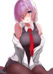 1girl bangs bare_shoulders black_legwear black_skirt blush breasts commentary_request eyebrows_visible_through_hair eyes_visible_through_hair fate/grand_order fate_(series) hair_over_one_eye large_breasts looking_at_viewer mash_kyrielight necktie nigouu open_mouth pantyhose purple_eyes purple_hair red_neckwear short_hair simple_background skirt smile solo white_background 