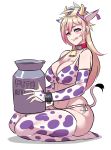  1girl animal_ears animal_print bell bell_collar bikini blonde_hair blush breasts bridal_gauntlets character_request cleavage collar cow_bell cow_ears cow_horns cow_print cow_tail cuffs ear_tag elbow_gloves fake_animal_ears fake_horns full_body gloves gradient_hair highres horns implied_futanari large_breasts licking_lips long_hair looking_at_viewer milk_churn multicolored_hair navel original print_bikini red_collar red_eyes ryuusei_(mark_ii) seiza shackles side-tie_bikini sitting solo strap_gap swimsuit tail thighhighs tongue tongue_out virtual_youtuber white_background 