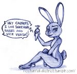  ! anthro blue_and_white caliosidhe carrot_pen disney english_text female fur holding_object judy_hopps lagomorph leporid looking_at_viewer mammal monochrome nocturnal-district rabbit simple_background sitting solo text white_background zootopia 