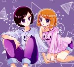  1boy 1girl abstract_background all_fours asymmetrical_bangs asymmetrical_clothes bangs blonde_hair breasts feet_out_of_frame hibikileon jewelry pants pendant pink_shirt pokemon pokemon_special purple_background purple_eyes purple_pants purple_shorts purple_theme shirt short_hair shorts sitting small_breasts x_(pokemon) y_na_gaabena 