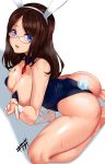  1girl animal_ears artist_name ass barefoot bespectacled black_leotard blue_eyes breasts brown_hair bunny_ears bunny_tail bunnysuit detached_collar fate/grand_order fate_(series) glasses highres kisaragi_(legobionicle23) large_breasts leonardo_da_vinci_(fate/grand_order) leotard long_hair necktie pantyhose red_neckwear shadow simple_background solo strapless strapless_leotard sweater tail white_background wrist_cuffs 