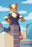  2017 5_fingers anthro arcanine better_version_at_source big_breasts black_nose breasts city claws clothed clothing day eyelashes fan_character female fingers fur gina_(v_d_o) goattrain green_eyes growth macro nintendo orange_body orange_fur outside pok&eacute;mon pok&eacute;mon_(species) pok&eacute;morph size_transformation skyscraper solo torn_clothing video_games 
