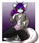  absurd_res anthro bottomwear canid canine cardigan claws clothing coat crouching digital_media_(artwork) fingers fur gender_fluid gender_neutral hair hi_res horn looking_at_viewer mammal multicolored_hair mysticfluff pants shirt simple_background smile solo topwear white_body white_fur 