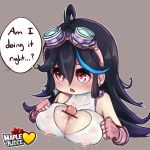  1girl ahoge artist_name bar_censor black_hair blue_hair breast_squeeze breasts censored cleavage covered_nipples earrings english_text fingerless_gloves gloves goggles goggles_on_head grey_background halterneck heart_cutout highres huge_breasts jewelry long_hair looking_away maplejuice maplestory maplestory_2 multicolored_hair paizuri peachy_(maplestory_2) penis pink_eyes pink_gloves pointless_censoring precum shirt simple_background solo streaked_hair two-tone_hair upper_body white_shirt 