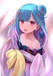  1girl alternate_hair_length alternate_hairstyle bow bug butterfly collarbone earrings enumiyan fang flat_chest green_hair hair_bow hair_bun highres hololive insect japanese_clothes jewelry kimono long_sleeves open_mouth red_eyes simple_background solo uruha_rushia virtual_youtuber 