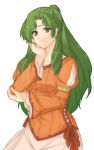  1girl brown_eyes chin_rest closed_mouth collarbone crown dress earrings elincia_ridell_crimea eyebrows_visible_through_hair fire_emblem fire_emblem:_path_of_radiance fire_emblem:_radiant_dawn fire_emblem_heroes green_hair hair_bun hand_on_own_cheek hand_on_own_elbow hand_on_own_face jewelry long_hair long_sleeves looking_at_viewer ribbon smile solo transparent_background tridisart 