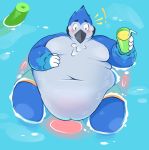  ! anthro avian beak belly belly_overhang beverage big_belly bird blue_body blue_feathers blue_jay blush chubby_cheeks clothed clothing corvid embarrassed feathers hand_on_stomach holding_beverage holding_object jay_(bird) love_handles male moobs navel new_world_jay obese obese_male overweight overweight_male partially_submerged pool_noodle psydoux solo swim_ring topless water wet wet_body white_body white_feathers wings 