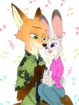  3:4 anthro buckteeth canid canine clothed clothing disney duo earbuds fox fully_clothed fur grey_body grey_fur headphones holding_object inner_ear_fluff judy_hopps lagomorph leporid mammal moromorowephi musical_note neck_tuft nick_wilde on_lap open_mouth open_smile orange_body orange_fur portable_music_player rabbit red_fox simple_background sitting_on_lap smile teeth tuft white_background zootopia 