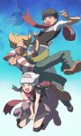  1girl 2boys :d beanie black_hair black_shirt blonde_hair blue_sky boots brown_eyes brown_footwear copyright_abbreviation copyright_name day falling full_body green_scarf grey_eyes happy hat hat_removed headwear_removed highres hikari_(pokemon) jun_(pokemon) kouki_(pokemon) long_hair multiple_boys open_mouth pants pink_footwear pink_skirt pokemon pokemon_(game) pokemon_dppt red_headwear rifu_(hunihuni1130) scarf shirt shoes skirt sky smile striped striped_shirt white_headwear 