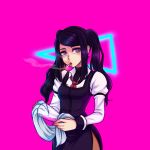  1girl bangs bartender black_hair black_skirt breasts cigarette cleaning glass jill_stingray long_hair looking_at_viewer necktie pantyhose pink_background pink_eyes shirt side_slit sidelocks skirt small_breasts smoke smoking solo spewing_mews swept_bangs towel twintails va-11_hall-a vaporwave white_shirt 