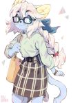  accessory anthro aruurara blue_body blue_bow blue_eyes blue_fur bottomwear braided_hair clock clothed clothing domestic_cat eyewear felid feline felis female fur glasses hair hair_accessory hair_bow hair_ribbon hi_res kemono mammal purse ribbons simple_background skirt smile solo watch white_background white_hair wristwatch 