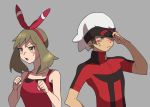  1boy 1girl blue_eyes blush brown_hair grey_background haruka_(pokemon) hat medium_hair pokemon pokemon_(game) pokemon_oras red_ribbon ribbon rifu_(hunihuni1130) shirt simple_background sweat white_headwear yuuki_(pokemon) 