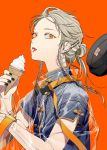  1girl belt_buckle blonde_hair braid buckle chinese_clothes earrings food hair_ornament hairclip hat highres hoop_earrings ice_cream ice_cream_cone jacket jewelry kazari_tayu makeup nail_polish orange_eyes original see-through simple_background soft_serve solo strap tongue tongue_out 