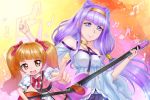  2girls :d aisaki_emiru bangs belt blue_belt blunt_bangs bow bowtie brown_hair crazypen double_bun eyebrows_visible_through_hair floating_hair hair_bow hairband holding holding_instrument hugtto!_precure index_finger_raised instrument long_hair long_sleeves looking_at_viewer multiple_girls nail_polish off-shoulder_shirt off_shoulder open_mouth outstretched_arm pink_nails precure purple_eyes purple_hair red_bow red_eyes red_neckwear ruru_amour shiny shiny_hair shirt smile twintails very_long_hair white_shirt wide_sleeves yellow_hairband 