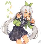  1girl :3 bare_legs black_dress bow character_name commentary cowboy_shot dress earrings egg english_commentary food food_in_mouth green_bow green_eyes green_jacket grey_hair hair_bow jacket jewelry long_hair looking_at_viewer maplestory maplestory_2 mouth_hold original paw_pose peachy_michi plaid plaid_dress school_uniform signature simple_background smile solo star star_in_eye symbol_in_eye tan toast toast_in_mouth twintails white_background wizard_(maplestory_2) 