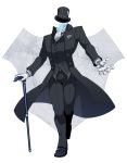  1boy badge belt black_coat black_headwear blue_fire cane coat dated fire formal full_body gloves hat highres holding holding_cane invisible_man male_focus original shigeno_shuo signature solo suit top_hat walking white_background white_gloves 