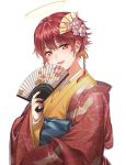  1girl :d alternate_costume arknights bangs blush exusiai_(arknights) fan folding_fan hair_between_eyes hair_ornament halo head_tilt highres holding holding_fan japanese_clothes kimono looking_at_viewer nail_polish open_mouth pink_nails qianjingya red_eyes red_hair red_kimono short_hair simple_background smile solo upper_body white_background yellow_kimono 
