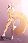  2:3 anthro beezlebumawoken breasts brown_body brown_fur canid canine clothed clothing dipstick_tail eyes_closed female fennec fingernails fox fur hair headphones hi_res hybrid mammal mink multicolored_tail music mustelid musteline nails nipples notes panties paws piercing pink_nose ponytail rose_dandy-ba solo topless underwear white_hair 
