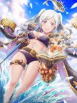  1girl belt bikini book breasts brown_gloves burnt_green_tea clam cleavage coat crab fire_emblem fire_emblem_awakening fire_emblem_heroes fish gloves highres jacket_on_shoulders looking_at_viewer o-ring o-ring_bikini octopus open_mouth purple_bikini robin_(fire_emblem) robin_(fire_emblem)_(female) shrimp silver_hair smile solo splashing swimsuit thigh_strap twintails water 