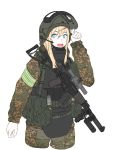  1girl armband as_val as_val_(girls_frontline) assault_rifle blonde_hair blue_eyes camouflage commentary fang girls_frontline gun helmet highres load_bearing_equipment long_hair microphone military plate_carrier pz-15 rifle scope solo visor_lift weapon white_background 